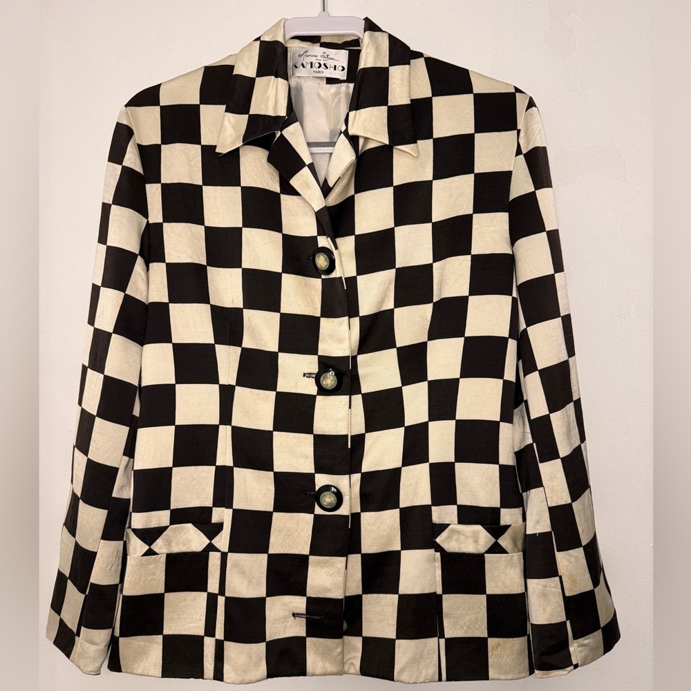 Vintage Checkerboard Black & Cream Silk Women's Button Jacket